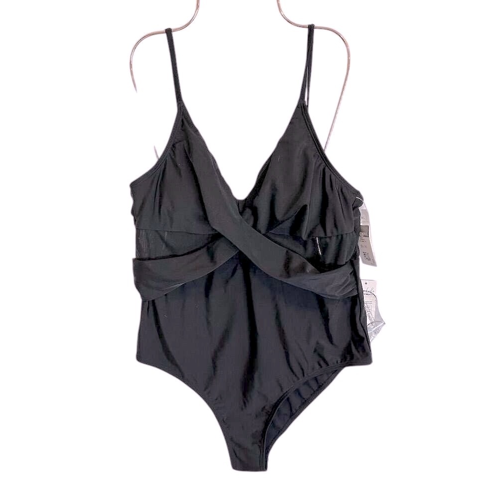 Cupshe Women's XL Black One-Piece Swimsuit V-Neck Mesh Detail‎